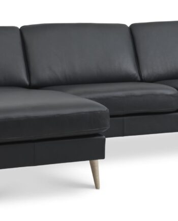 Ask Sæt Sofa Chaiselong Sort Semianilin Læder Natur Træ på Afbetaling