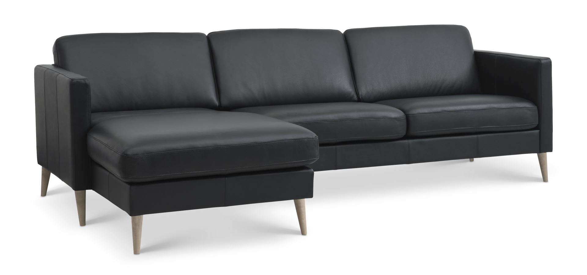 Ask Sæt Sofa Chaiselong Sort Semianilin Læder Natur Træ på Afbetaling
