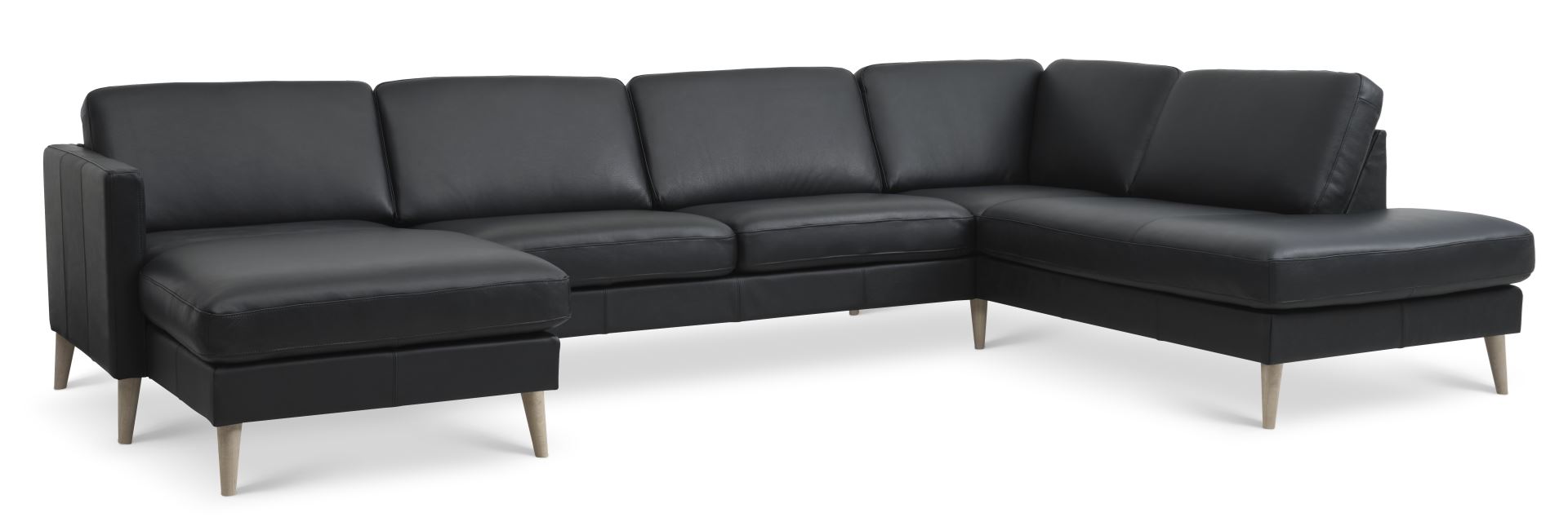 Ask Sæt Sofa Højre Chaiselong Sort Semianilin Læder Natur Træ på Afbetaling