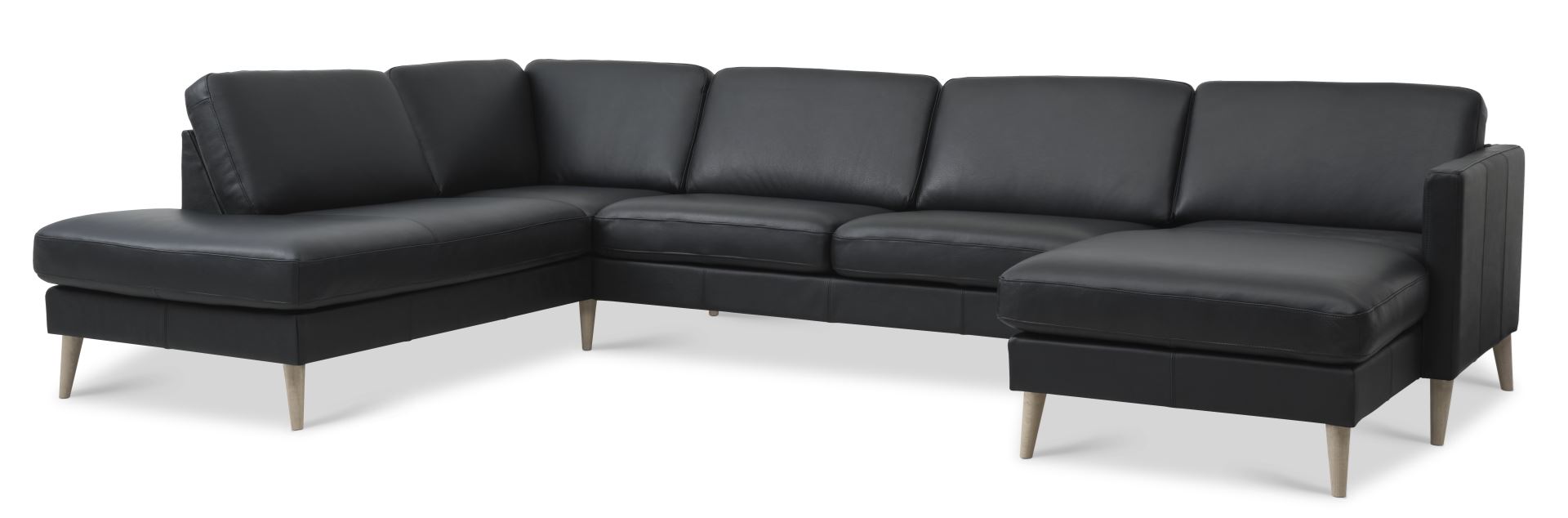 Ask Sæt Sofa Venstre Chaiselong Sort Semianilin Læder Natur Træ på Afbetaling
