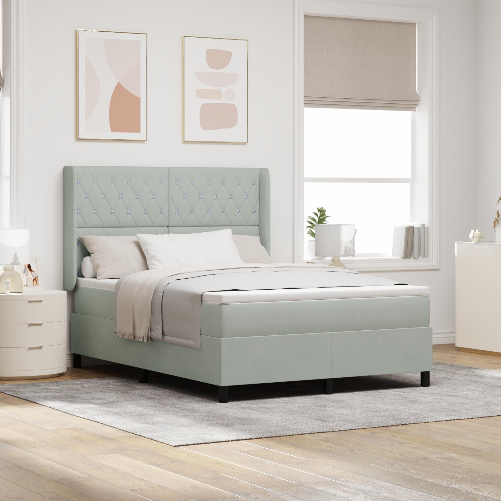 Led Boxspring Seng Med Madras Argyle Lysegrå 160 200 Fløjl på Afbetaling