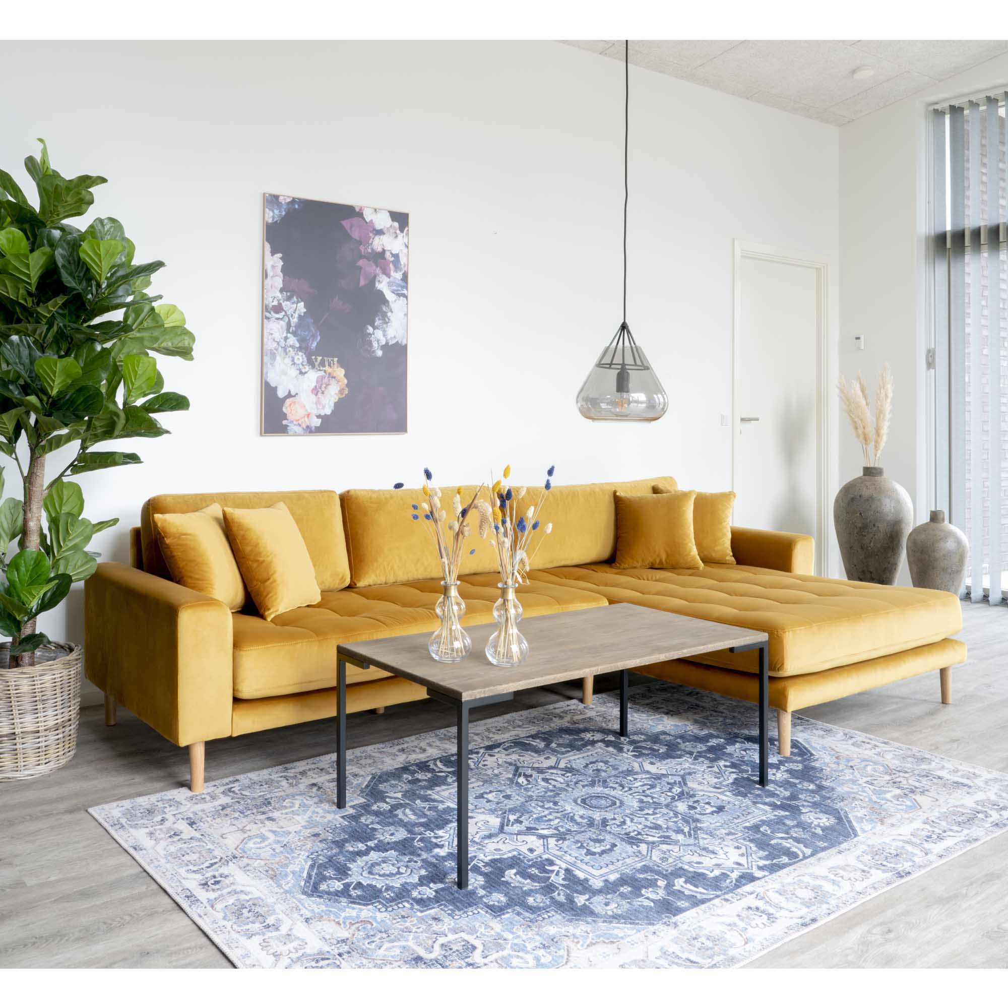 Lido Lounge Sofa Højrevendt Sennepsgul Velour Med Fire Puder Hn1004 på Afbetaling