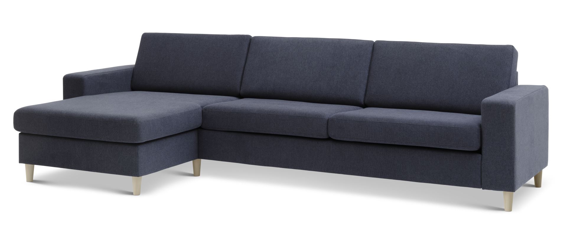 Pan Set Sofa Chaiselong Blå Polyester Stof Natur Træ på Afbetaling