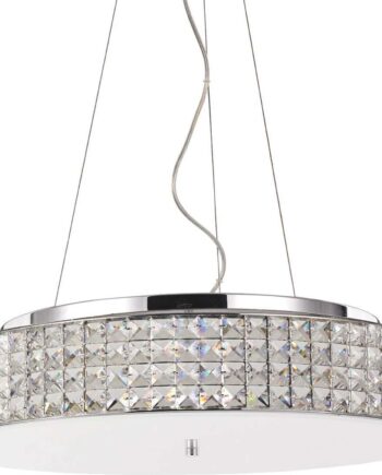 Pendel Lampe Ideal Lux Roma ø500 Hvid Krom Med Krystalelementer Pærer Justerbar Højde på Afbetaling