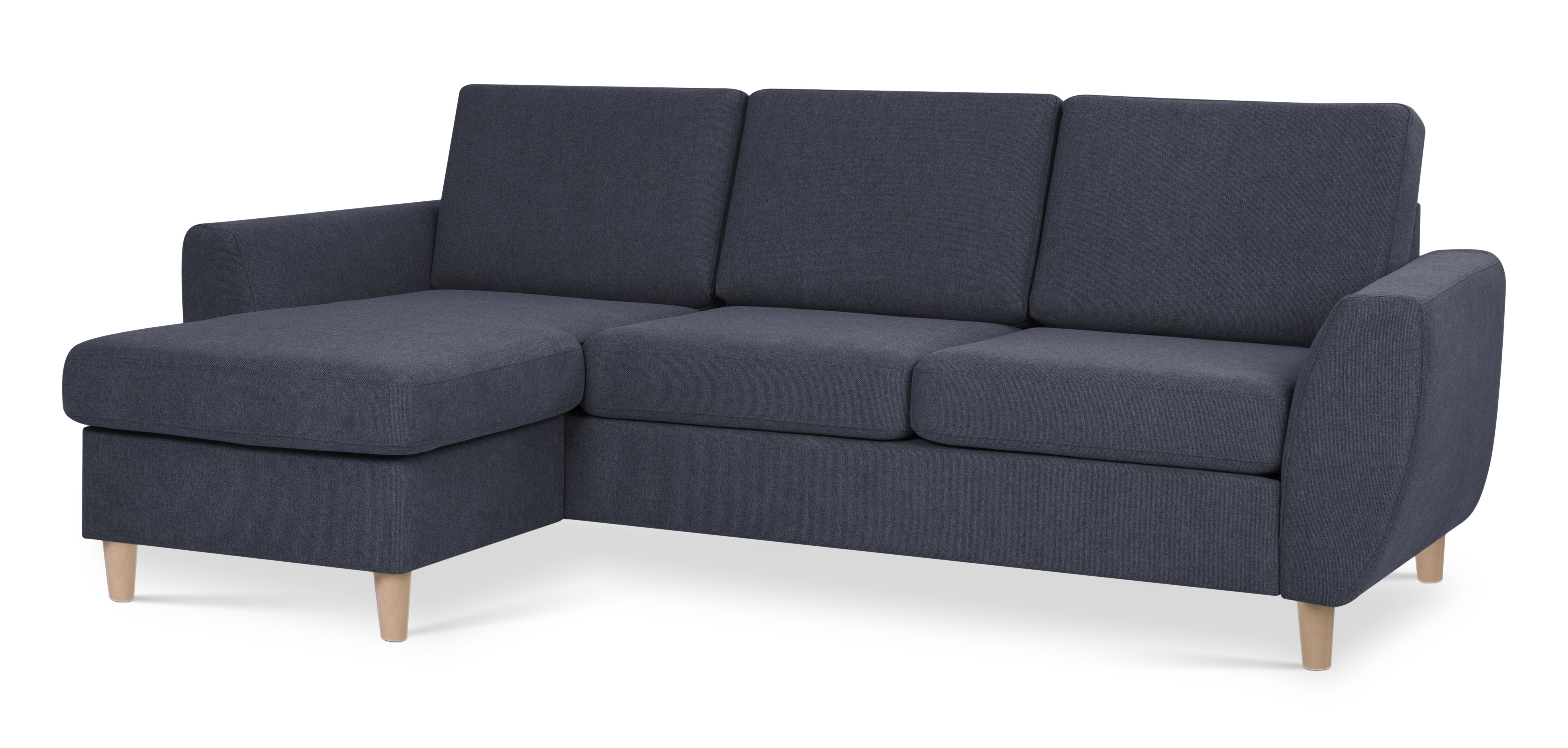 Wendy Set Sofa Chaiselong Blå Polyester Stof Natur Træ på Afbetaling